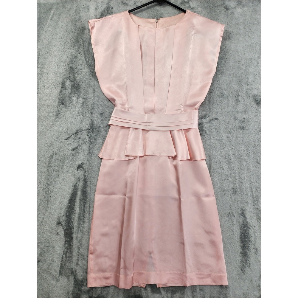 Vintage 80s ZUM ZUM Dress Womens XXS Pink Satin Jacquard‎ Pleated Peplum Belted